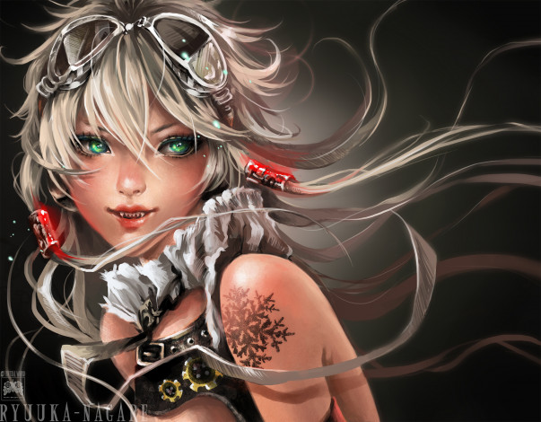 Обои картинки фото фэнтези, девушки, волосы, зеленые, глаза, очки, девушка, татуировка, заколки