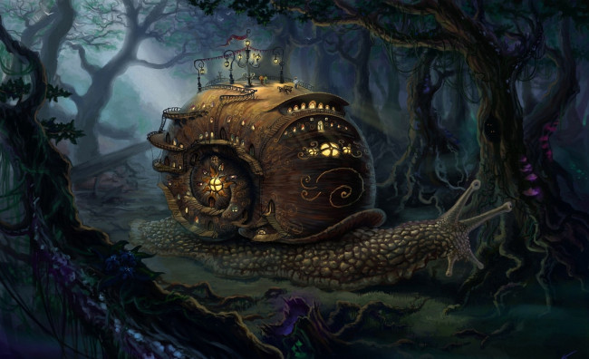 Обои картинки фото фэнтези, существа, лес, домик, улитка