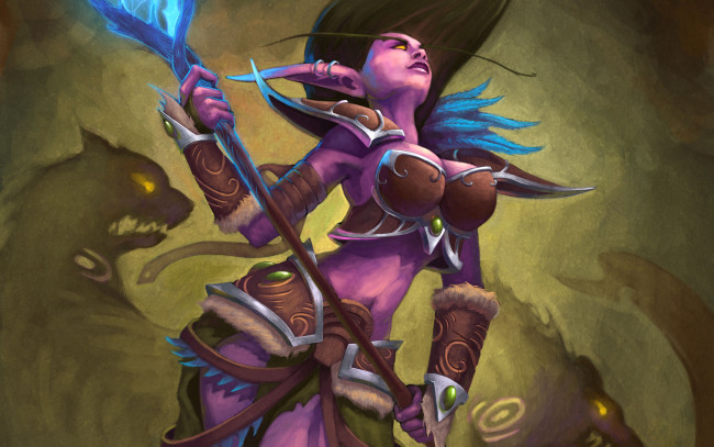 Обои картинки фото world, of, warcraft, видео, игры, фан-арт, эльфийка, посох