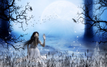 Картинка 3д графика fantasy фантазия птицы девушка рстения озеро лес