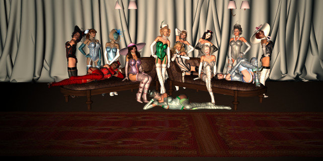 Обои картинки фото 3д, графика, people, люди, девушки, диван, шторы