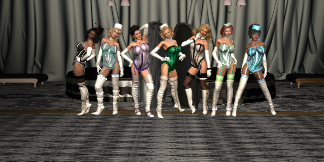 Обои картинки фото 3д, графика, people, люди, шторы, девушки, чулки, шляпы