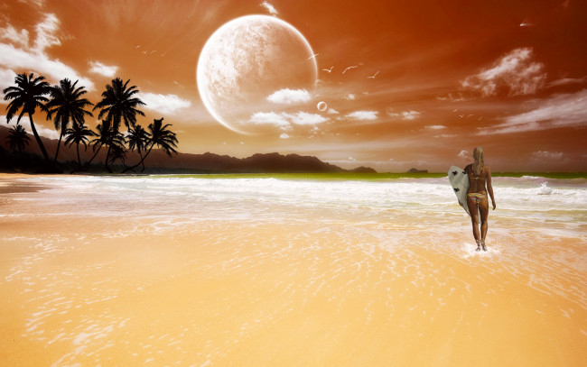 Обои картинки фото 3д, графика, atmosphere, mood, атмосфера, настроения, пляж, океан, доска, девушка, облака, планеты, пальмы