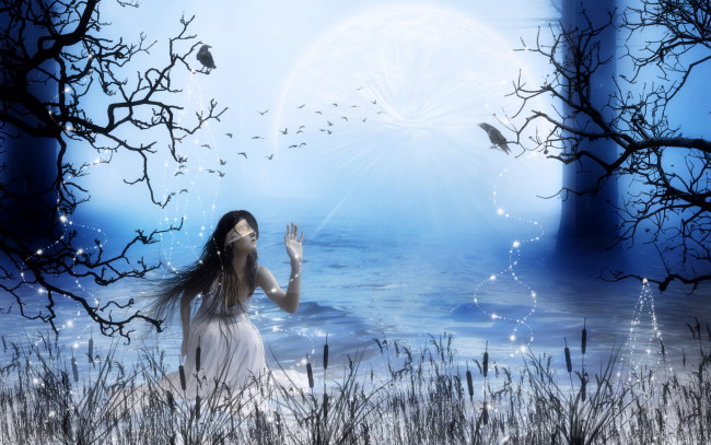 Обои картинки фото 3д, графика, fantasy, фантазия, птицы, девушка, рстения, озеро, лес
