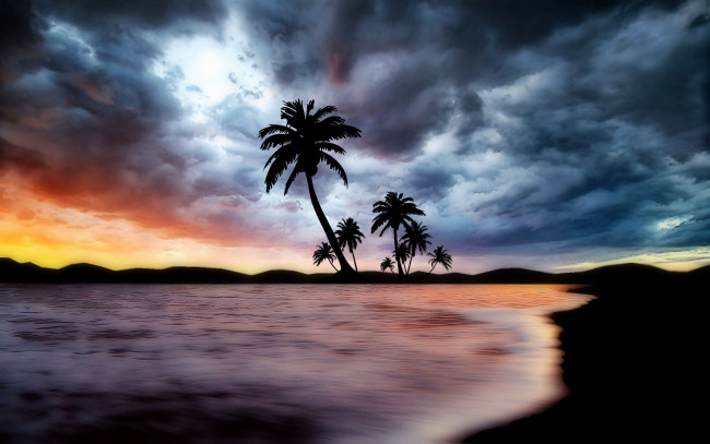 Обои картинки фото 3д, графика, sea, undersea, море, тучи, океан, пальмы, пляж