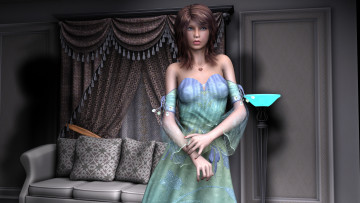 Картинка 3д+графика люди+ people взгляд подушки диван девушка