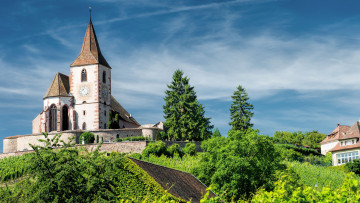 Картинка города -+православные+церкви +монастыри деревья церковь сен-жак-ле-мажёр church saint-jacques-le-majeur франция hunawihr france юнавир