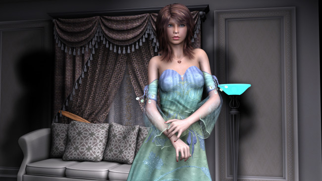 Обои картинки фото 3д графика, люди , people, взгляд, подушки, диван, девушка