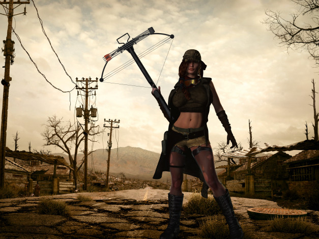 Обои картинки фото 3д графика, фантазия , fantasy, девушка, арбалет, фон, взгляд