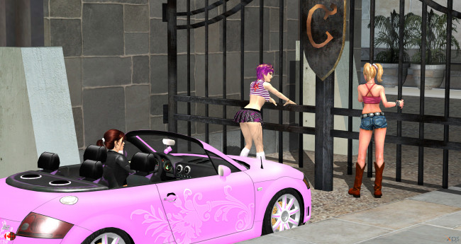 Обои картинки фото 3д графика, люди-авто, мото , people- car ,  moto, девушки, автомобиль, фон, взгляд