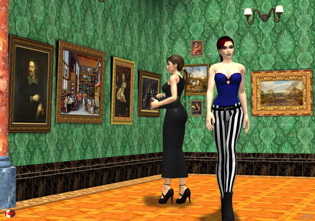 Обои картинки фото 3д графика, люди , people, девушки, музей, фон, взгляд