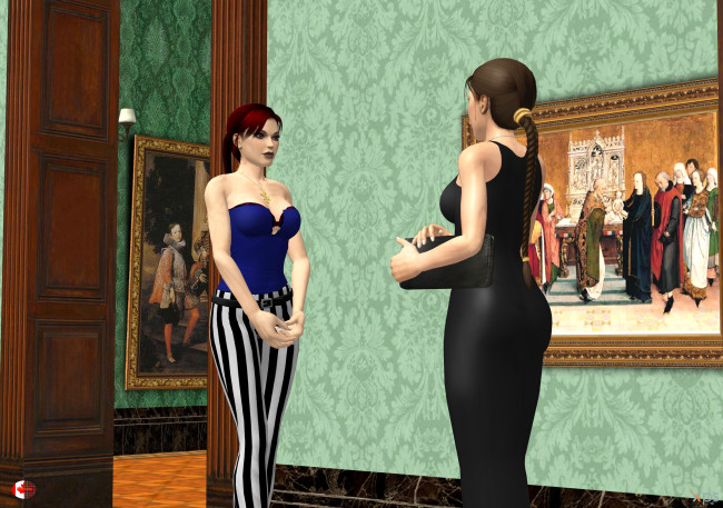 Обои картинки фото 3д графика, люди , people, фон, девушки, взгляд, музей