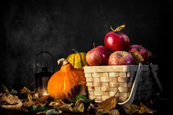 Картинка еда фрукты +ягоды натюрморт тыква осень листья ялоки корзина