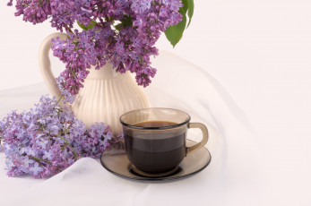 Картинка еда кофе +кофейные+зёрна чашка сирень
