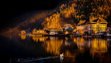 Картинка города гальштат+ австрия сумерки город озеро