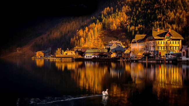 Обои картинки фото города, гальштат , австрия, сумерки, город, озеро