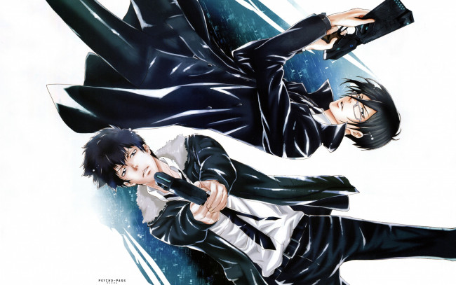 Обои картинки фото аниме, psycho-pass, двое, галстук, shinya, kougami, плащ, kyoji, asano, психо-паспорт, напарники, art, очки, ginoza, nobuchika, пистолет, костюм