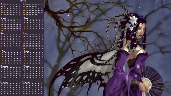 Обои картинки фото календари, фэнтези, девушка, веер, крылья, взгляд