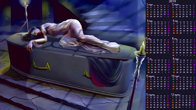 Обои картинки фото календари, фэнтези, свеча, гроб, девушка