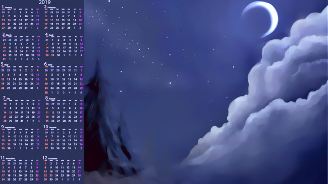 Обои картинки фото календари, рисованные,  векторная графика, ночь, облако, месяц