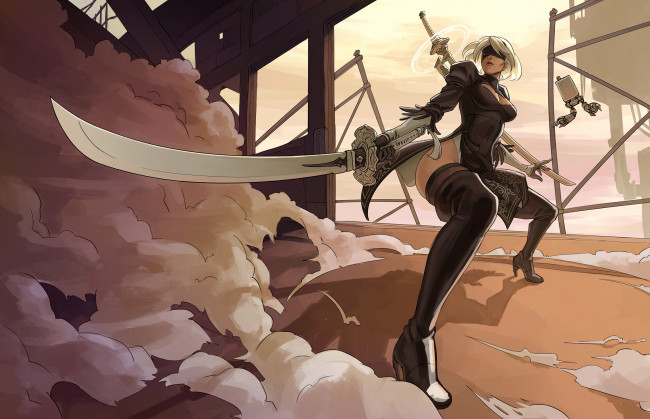 Обои картинки фото видео игры, nier,  automata, сабля, маска, фон, девушка