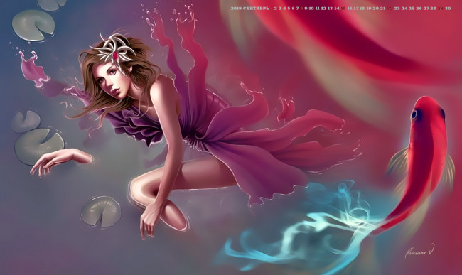 Обои картинки фото календари, фэнтези, рыба, девушка, calendar, 2019, водоем