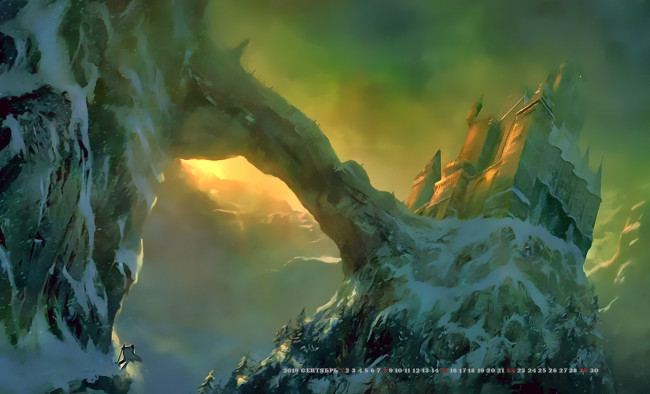 Обои картинки фото календари, фэнтези, calendar, 2019, снег, замок, мост, гора