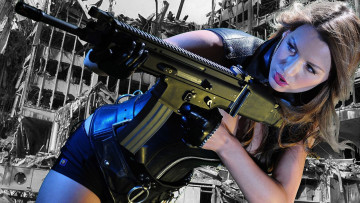 Картинка девушки jordan+carver девушка автомат прицел оружие цель модель шатенка красотка поза взгляд макияж