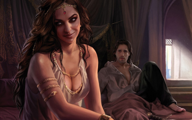 Обои картинки фото рисованное, люди, девушка, украшения, мужчина, кровать