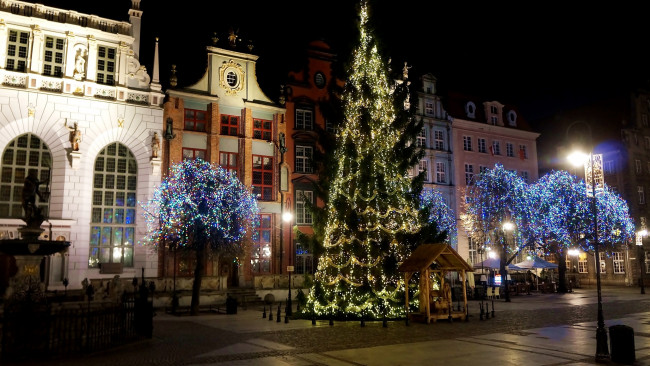 Обои картинки фото города, гданьск , польша, улица, вечер, елка