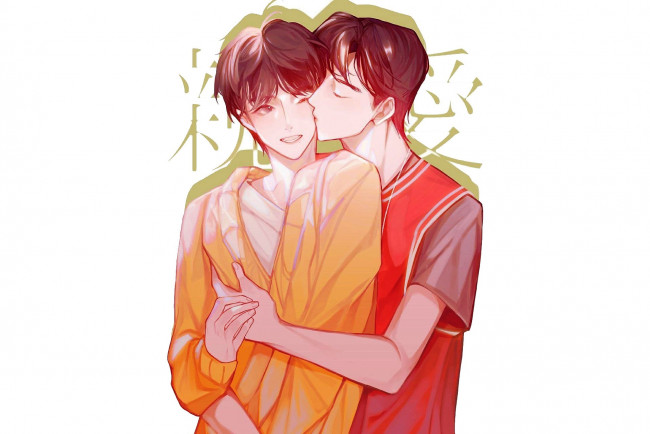 Обои картинки фото рисованное, люди, парни, поцелуй