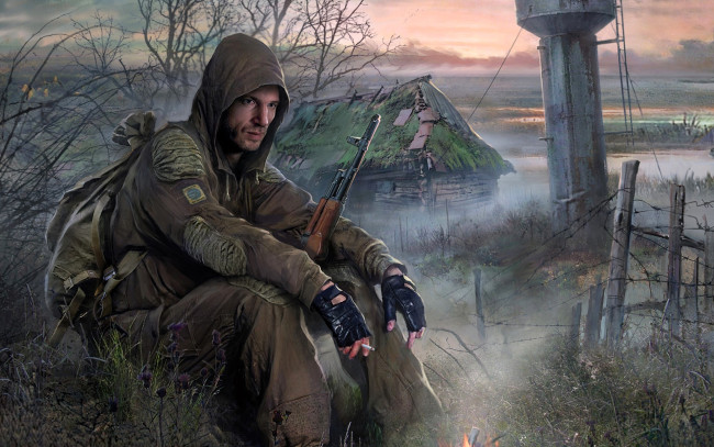 Обои картинки фото видео игры, сталкер, оружие, сигарета, развалины