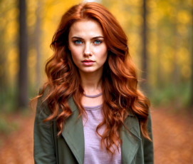 Картинка 3д+графика люди+ people девушка рыжая куртка лицо лес осень