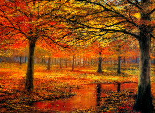 обоя рисованное, живопись, осень, деревья, листья, лужи