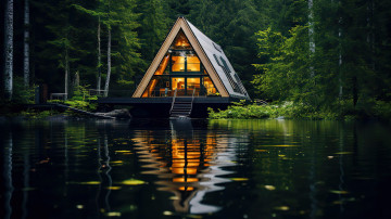 обоя разное, компьютерный дизайн, лес, озеро, жилой, дом, отражение, вечер