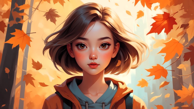 Обои картинки фото рисованное, дети, девочка, лицо, куртка, осень, листья, деревья