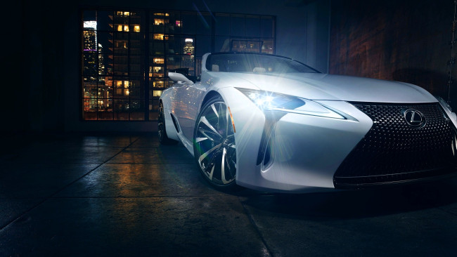 Обои картинки фото lexus lc, автомобили, lexus, белый, окно, город, дома, огни