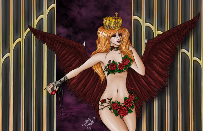 Обои картинки фото фэнтези, демоны, розы, крылья