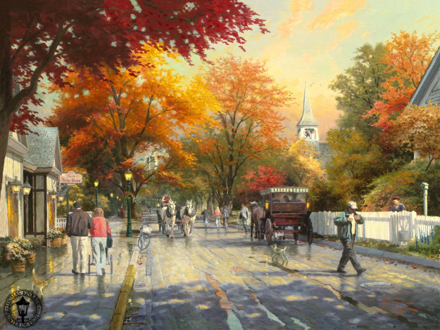 Обои картинки фото autumn, on, mackinac, island, рисованные, thomas, kinkade, улица, городок, деревня, осень, поселок