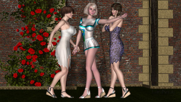 Картинка 3д графика people люди девушки стена цветы