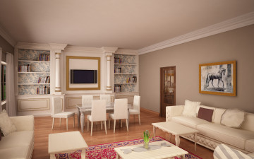 Картинка 3д графика realism реализм диван стол стулья картина подушки полки книги