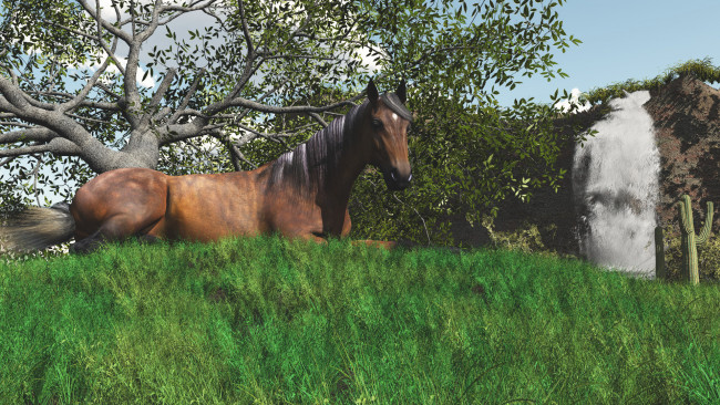 Обои картинки фото 3д, графика, animals, животные, лошадь, водопад