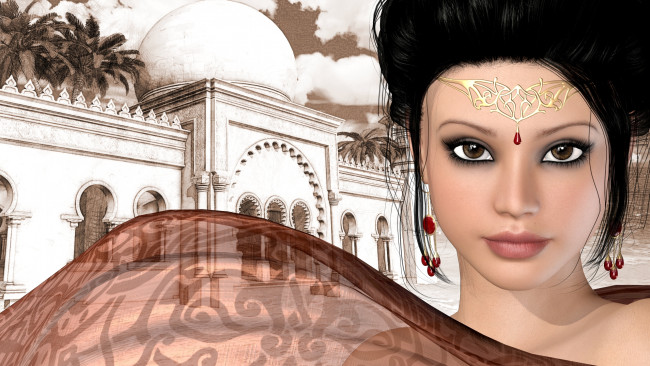 Обои картинки фото 3д, графика, portraits, портрет, дворец, ткань, девушка, серьги, украшения