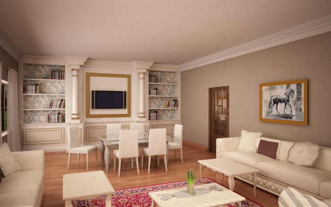 Обои картинки фото 3д, графика, realism, реализм, диван, стол, стулья, картина, подушки, полки, книги