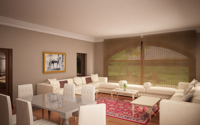 Обои картинки фото 3д, графика, realism, реализм, диваны, подушки, картина, стол, стулья