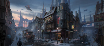 Картинка фэнтези иные+миры +иные+времена иной мир стимпанк дирижабли город улица