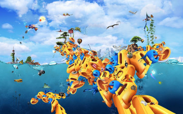 Картинка разное компьютерный+дизайн дирижабль подводная лодка фотоаппарат гора указатель здания башня пузыри дома буквы монстр море небо облака город самолет шар