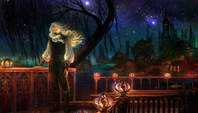 Обои картинки фото фэнтези, люди, вечер, мужчина, пристань, город, фонари, звездное, небо