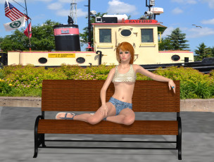 Картинка 3д+графика люди+ people скамейка взгляд фон девушка