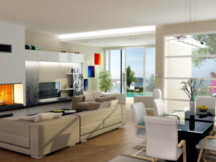 Картинка 3д+графика реализм+ realism интерьер стол диваны уют